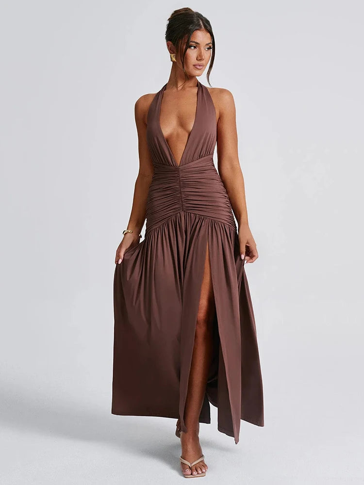 Women's long dress with deep V-neck and open back