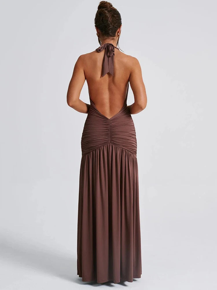 Women's long dress with deep V-neck and open back