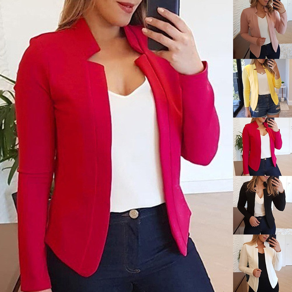 Ladies Elegant Solid Color Collar Blazer