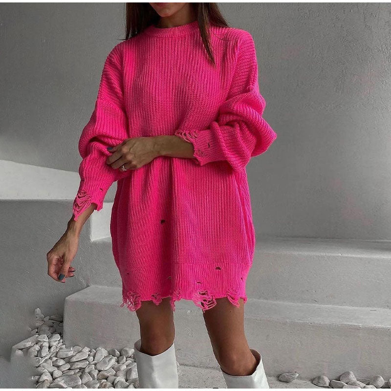 Cindy Ripped Crew Neck Long Sleeve Women Knit Sweater