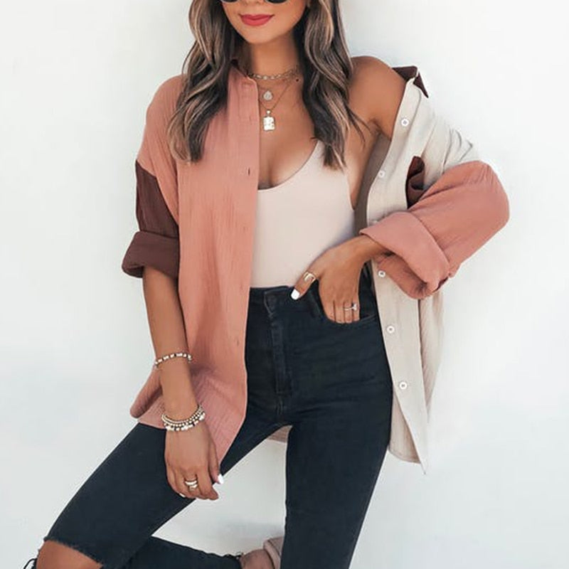 INGA Casual Loose Solid Color Cardigan Long Sleeve Blouse